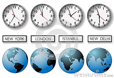 World City Time Zone Clocks And Globes Stock Images