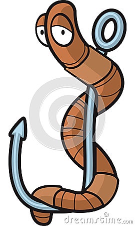fishing hook cartoon. A brown worm on a fishing hook