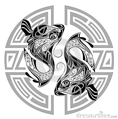 ZODIAC WHEEL WITH SIGN OF PISCES.TATTOO DESIGN (click image to zoom)