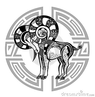 ZODIAC WHELL WITH SIGN OF ARIES. TATTOO DESIGN.