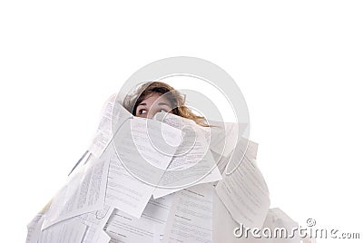 Business Concept:young Woman Drowning In Papers