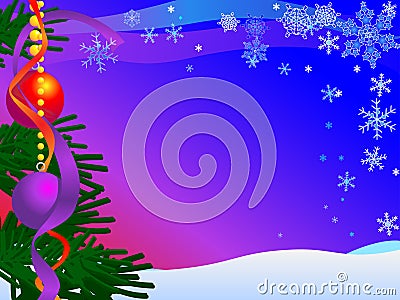 Christmas Card Illustration with snow, sky, snow, snowflakes, baubles and tree : Dreamstime